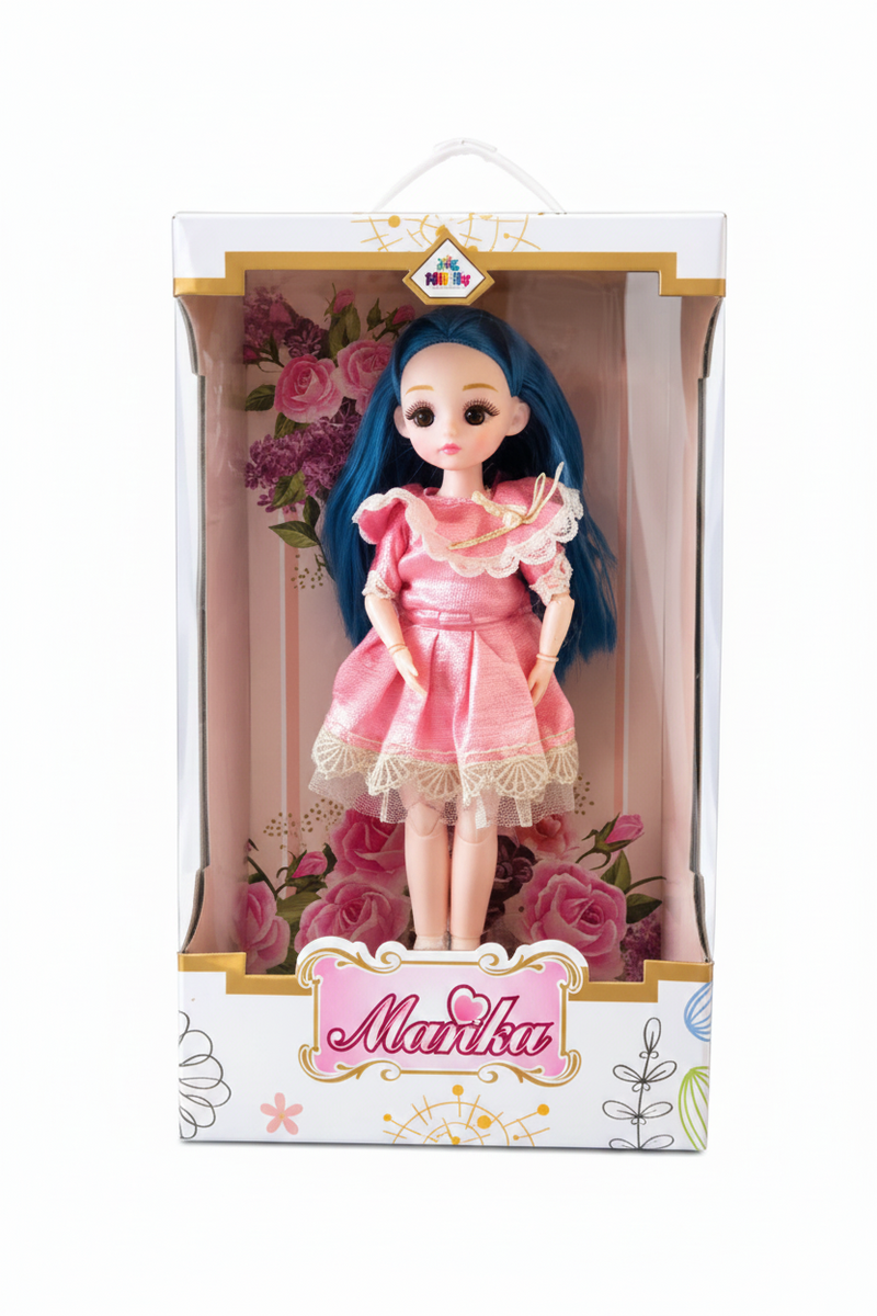 Manku Elegant Fashion Doll with Long Blue Hair and Detailed Pink Lace Dress