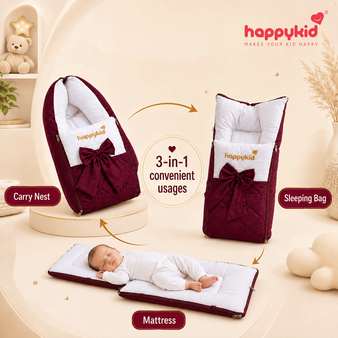 Premium Cotton Baby Carry Bed 3-in-1 Newborn