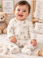Teddy Bear Print Full Sleeve Baby Sleepsuit with Feet