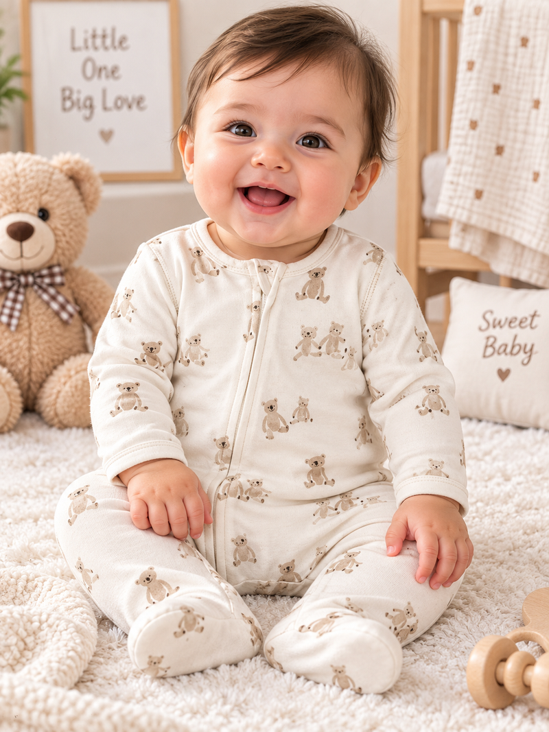 Teddy Bear Print Full Sleeve Baby Sleepsuit with Feet