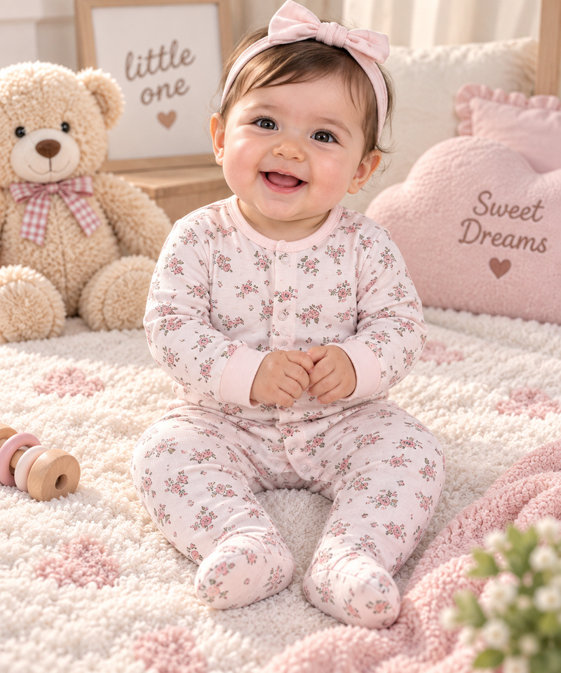 Pink Floral Print Full Sleeve Baby Sleepsuit with Feet (new born)