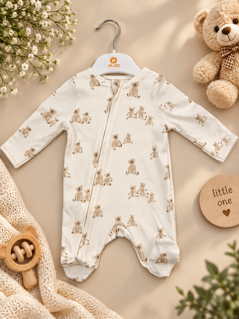 Teddy Bear Print Full Sleeve Baby Sleepsuit with Feet