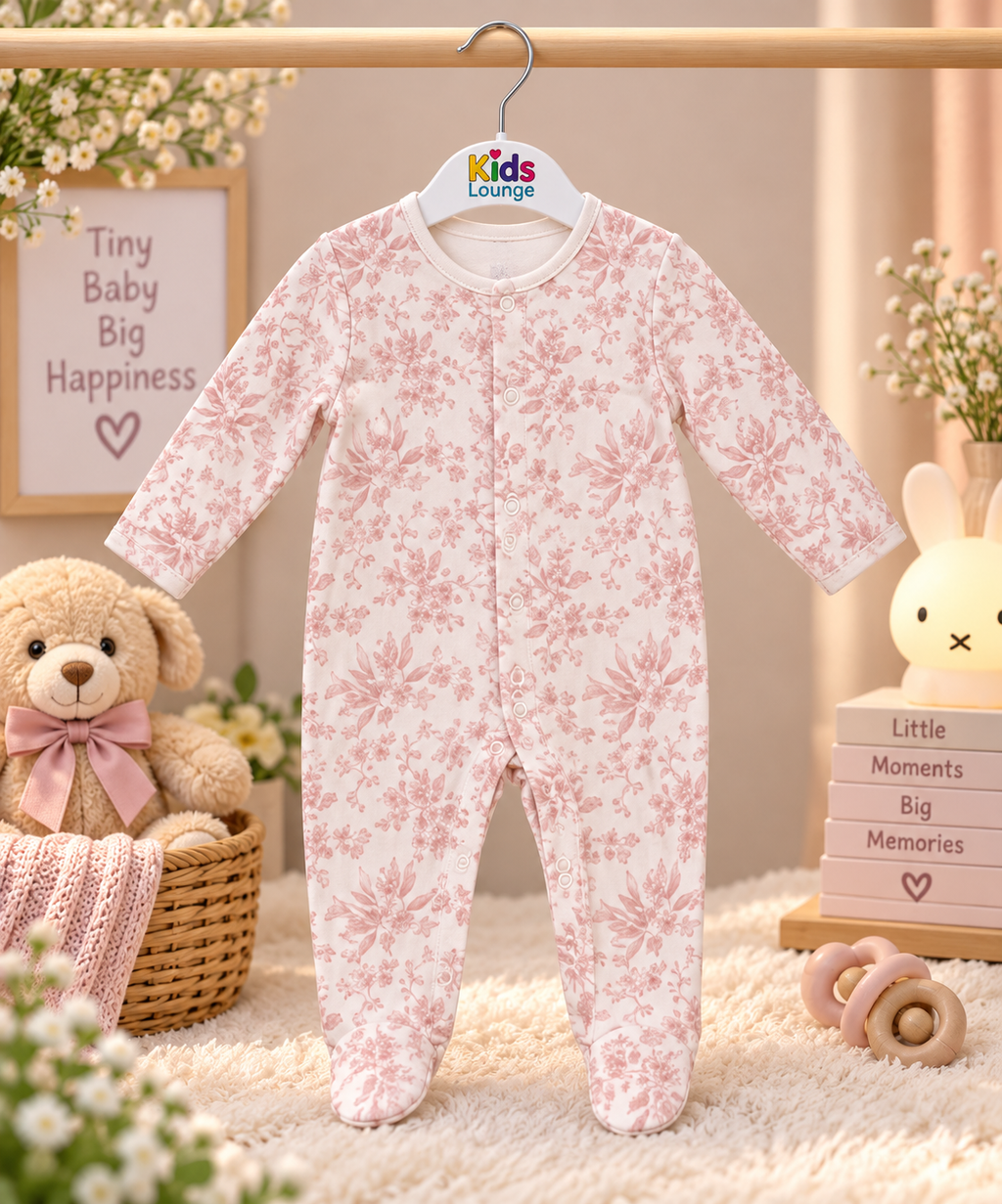 Vintage Floral Print Full Sleeve Baby Sleepsuit with Feet (NEW BORN)