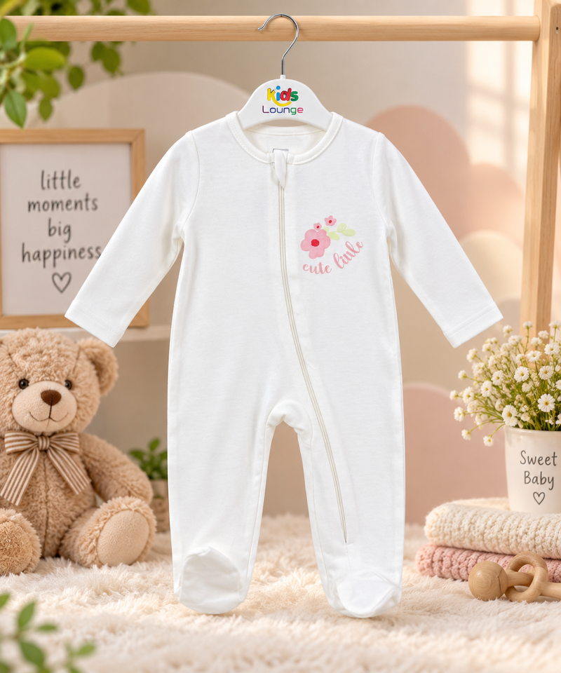 Floral "Cute Little" Full Sleeve Baby Sleepsuit with Feet (New born)