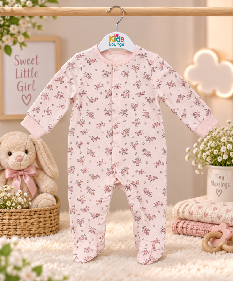 Pink Floral Print Full Sleeve Baby Sleepsuit with Feet (new born)