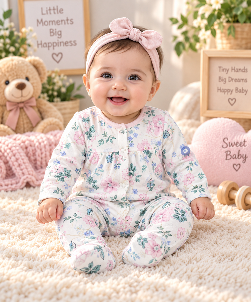 Floral Print Full Sleeve Baby Sleepsuit with Feet