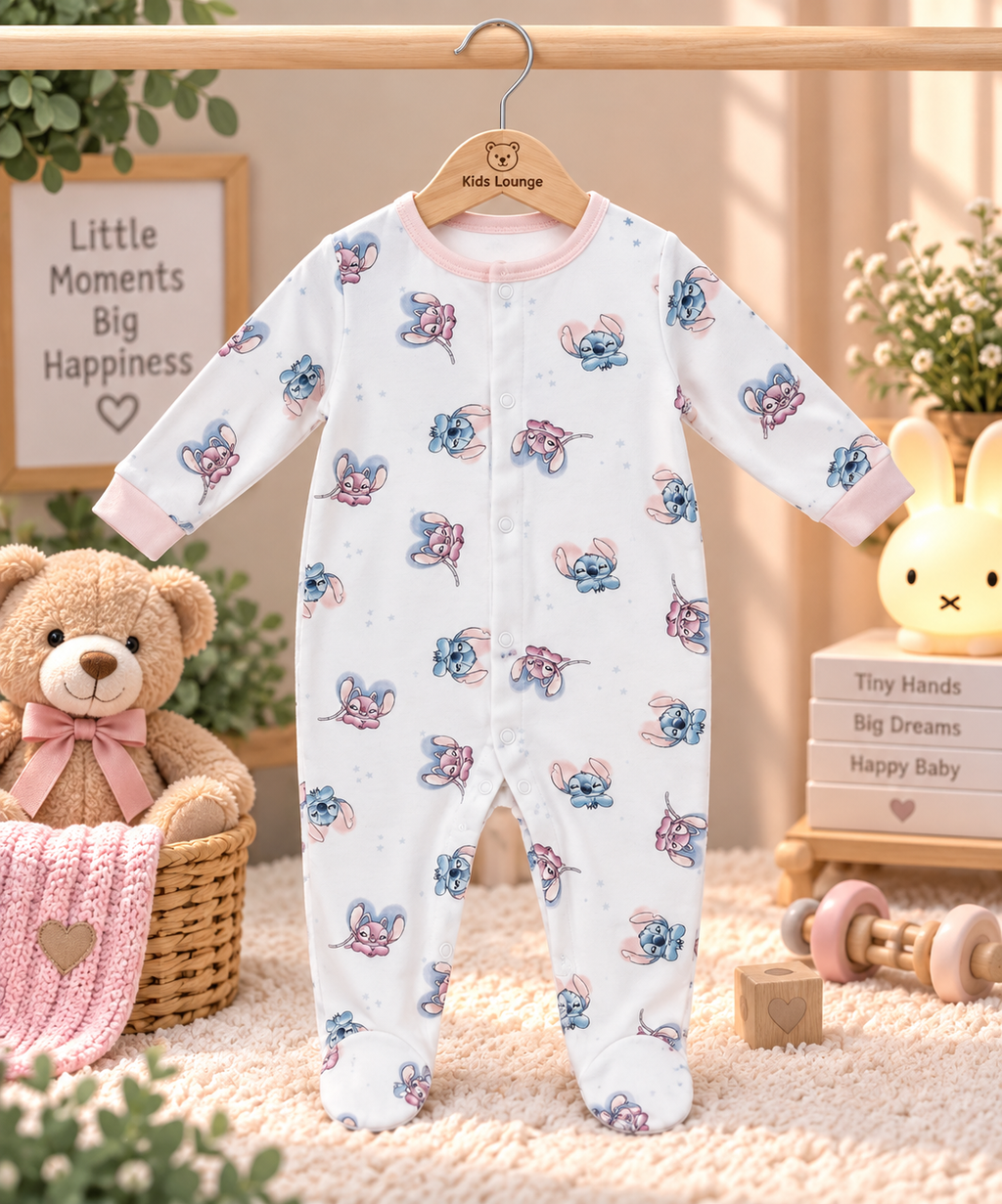 Cute Bunny Print Full Sleeve Baby Sleepsuit with Feet