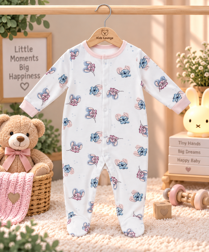 Cute Bunny Print Full Sleeve Baby Sleepsuit with Feet