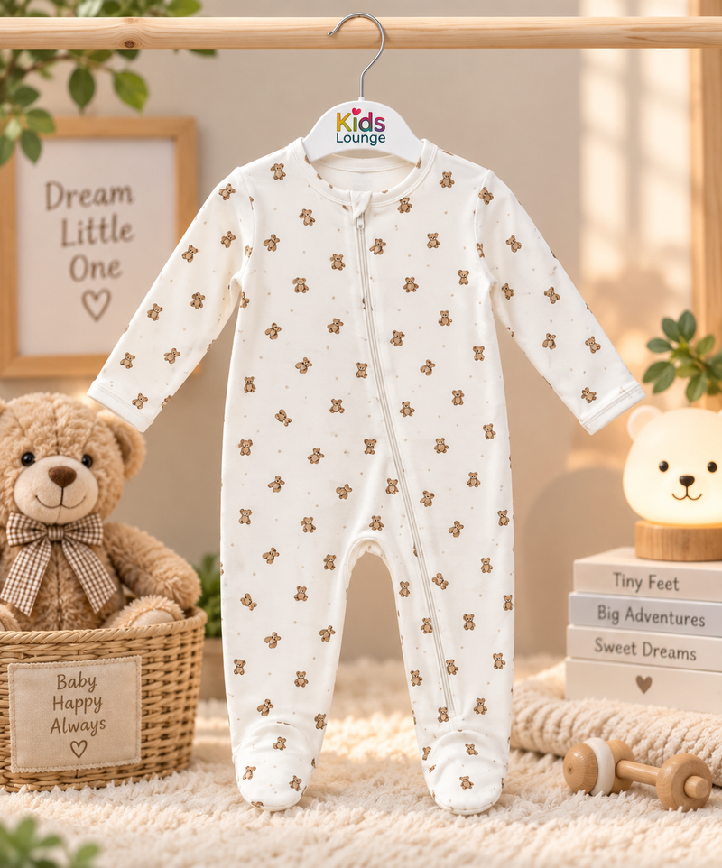 Tiny Teddy Print Full Sleeve Baby Sleepsuit with Feet