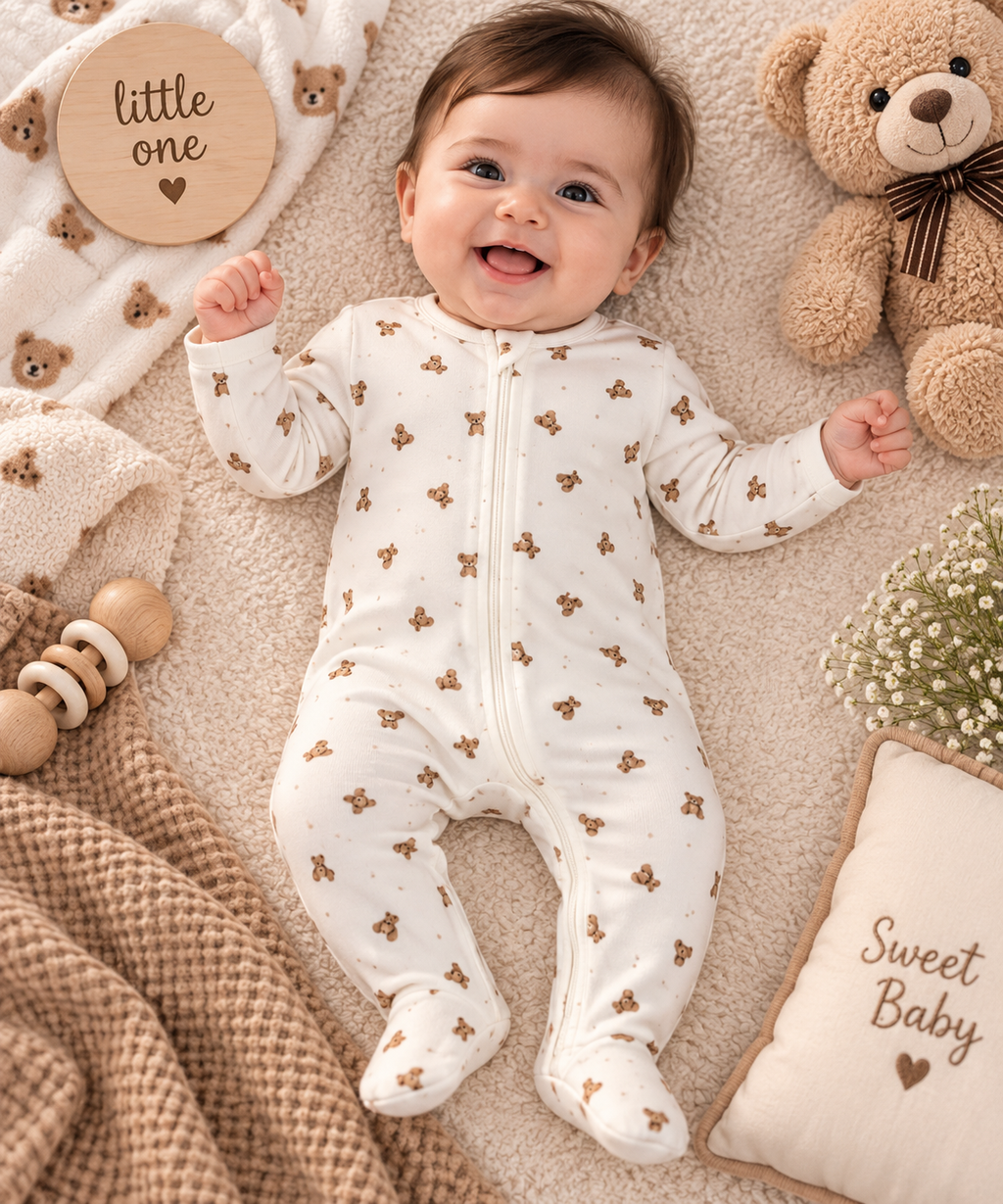 Tiny Teddy Print Full Sleeve Baby Sleepsuit with Feet
