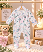 Floral Print Full Sleeve Baby Sleepsuit with Feet
