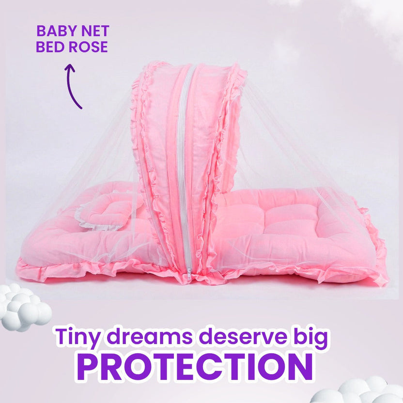 Baby Net Bed Rose – Foldable Mosquito Net Bed with Soft Mattress & Pillow for Newborns