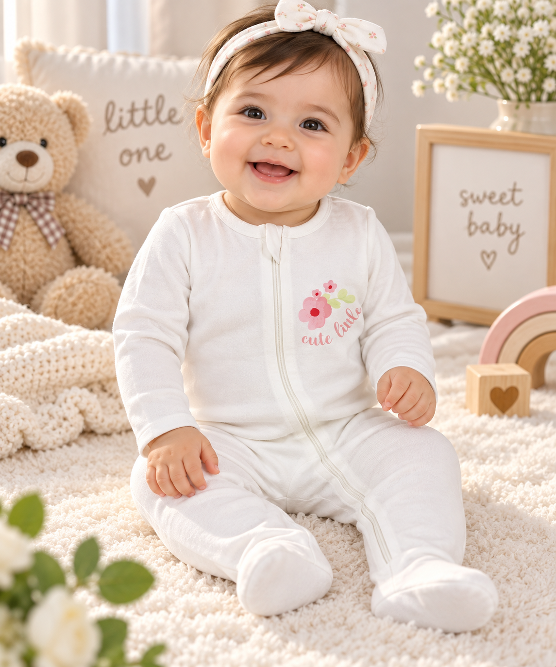 Floral "Cute Little" Full Sleeve Baby Sleepsuit with Feet (New born)