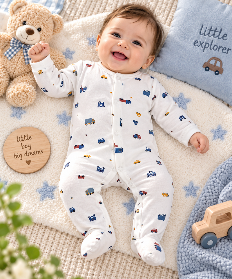Little Explorer Vehicle Print Full Sleeve Baby Sleepsuit with Feet
