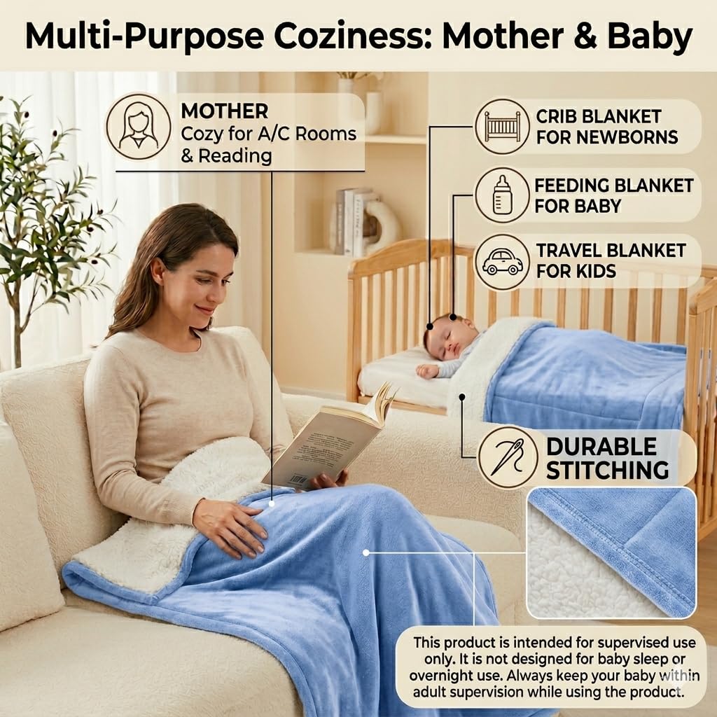 Baby Blanket Ultra Soft Dual Layer Sherpa & Flannel, Lightweight Warm Newborn Blanket for Crib, Stroller, Travel & Feeding, Skin-Friendly