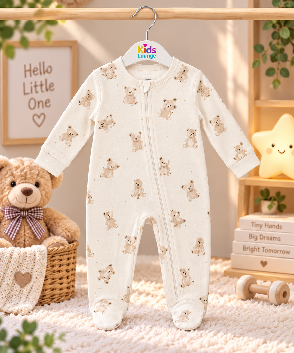 Teddy Bear Print Full Sleeve Baby Sleepsuit with Feet