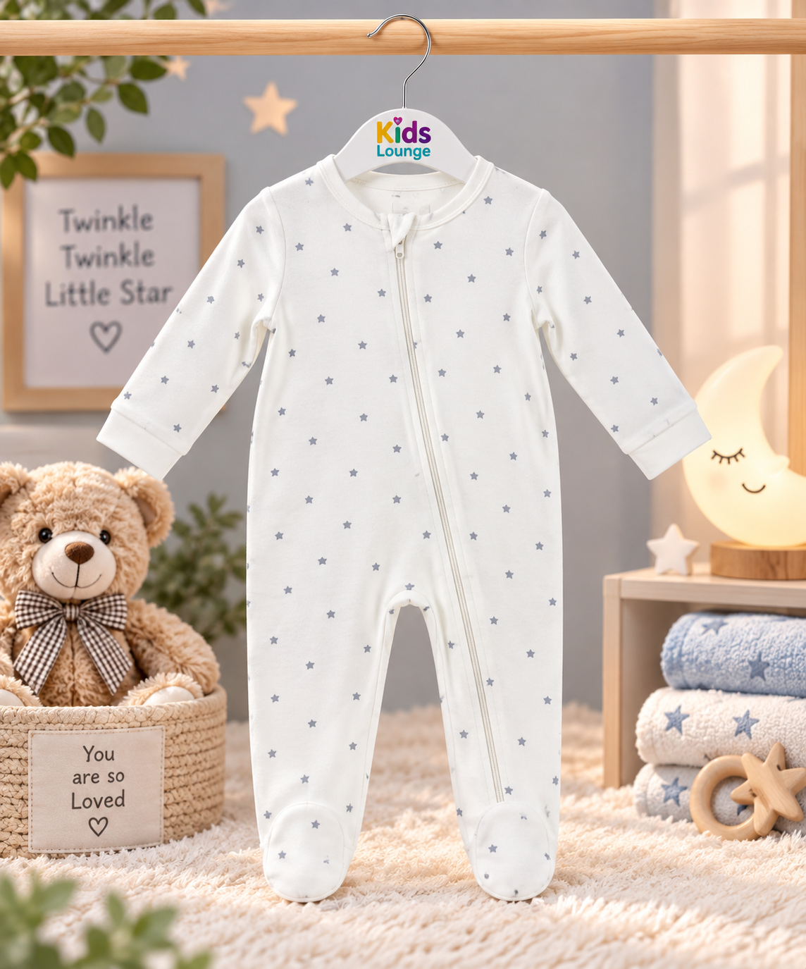 Twinkle Star Print Full Sleeve Baby Sleepsuit with Feet