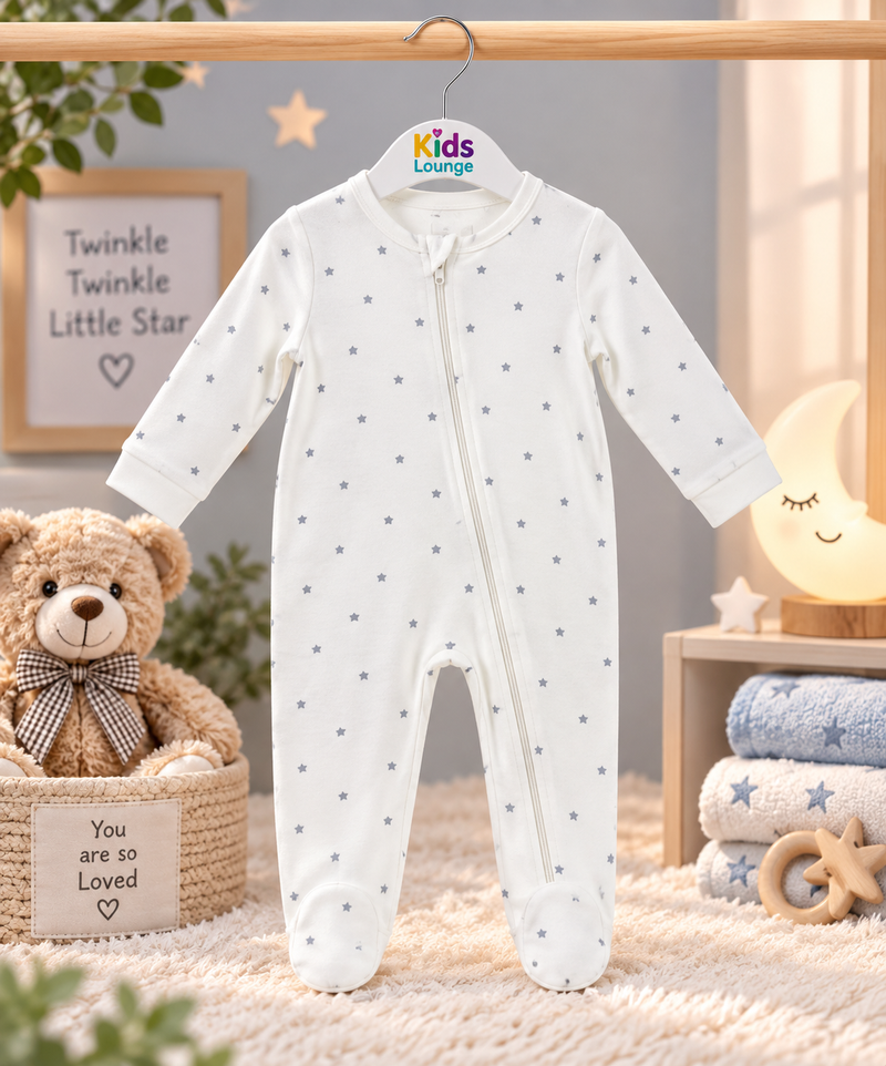 Twinkle Star Print Full Sleeve Baby Sleepsuit with Feet