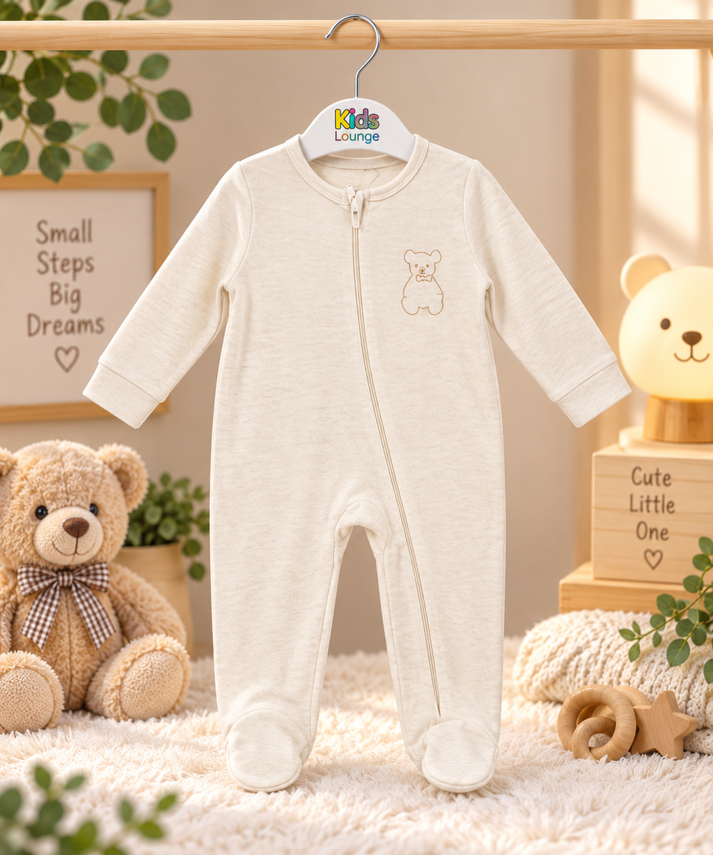 Teddy Bear Embroidered Full Sleeve Baby Sleepsuit with Feet (new born)