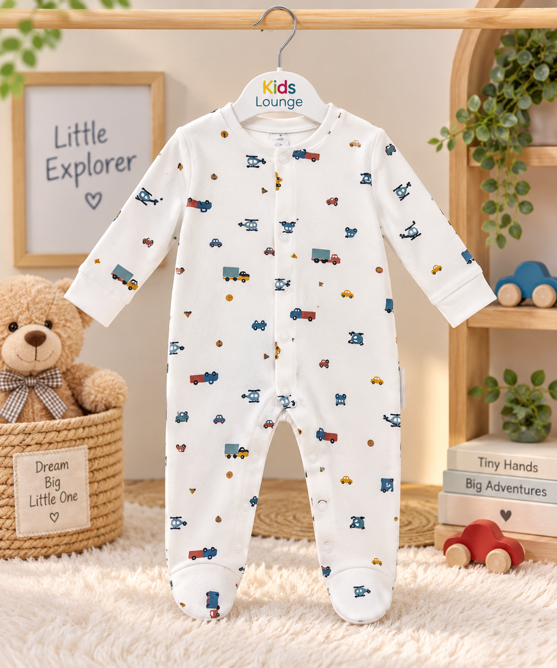 Little Explorer Vehicle Print Full Sleeve Baby Sleepsuit with Feet