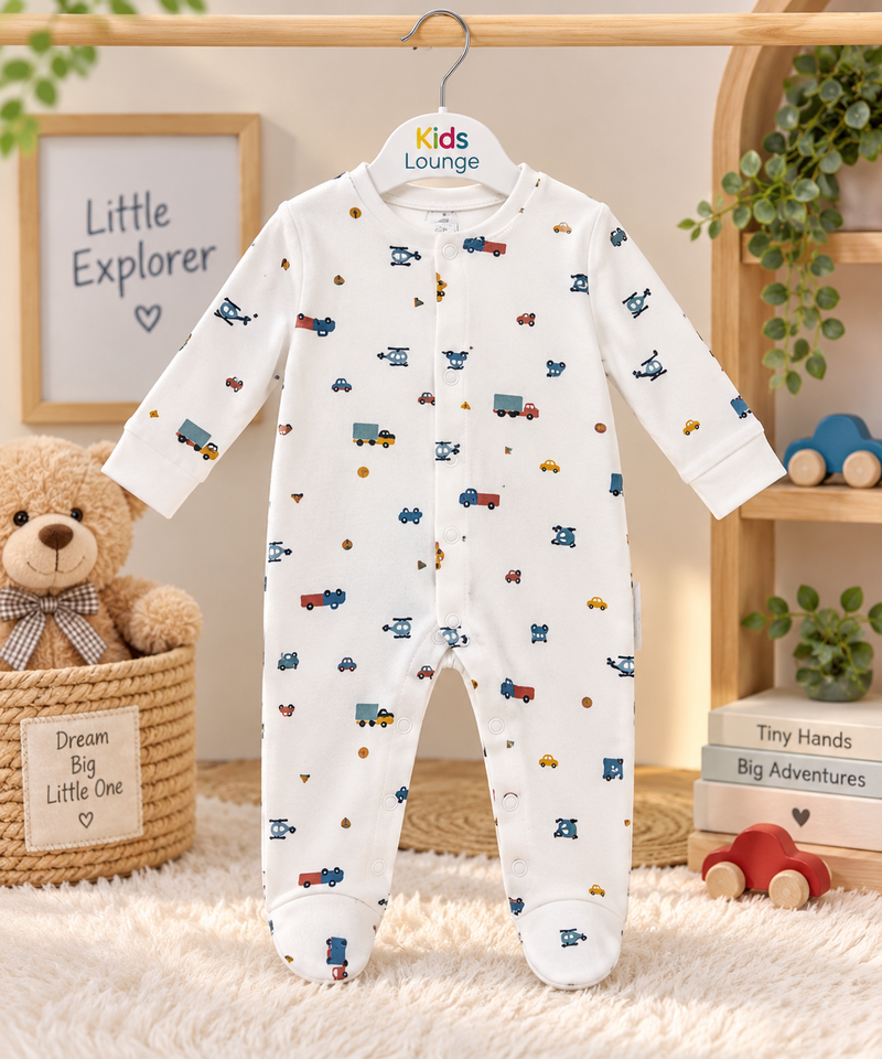 Little Explorer Vehicle Print Full Sleeve Baby Sleepsuit with Feet
