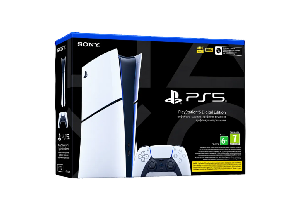 Sony PlayStation 5 Digital Edition retail box showing the white and blue PS5 console and DualSense controller on a black background.