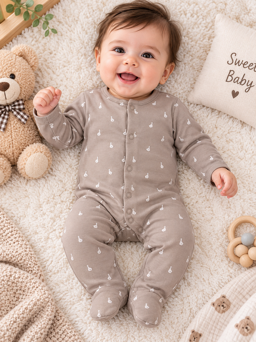 Tiny Duck Print Full Sleeve Baby Sleepsuit with Feet (new born)