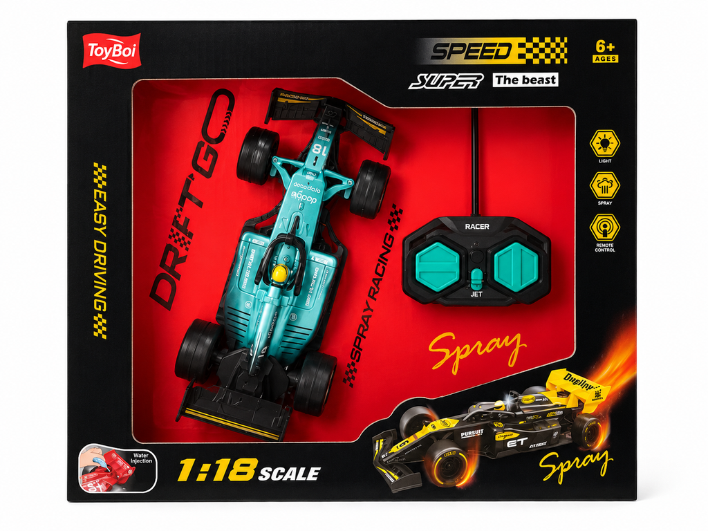 ToyBoi 1:18 Scale RC Racing Car with Spray Effect & Lights