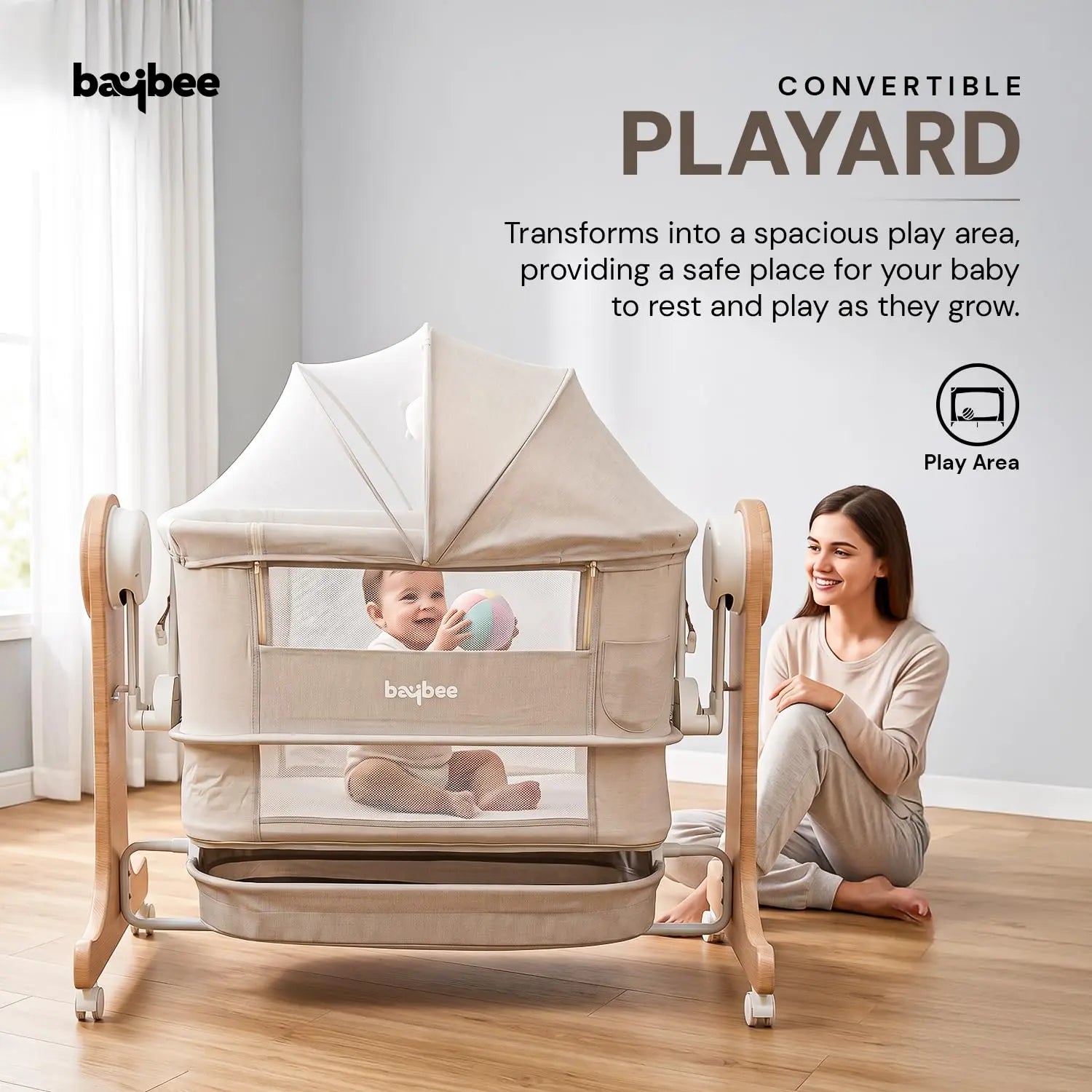 Wooden 3 in 1 Electric Baby Cradle Convertible Cot & Bassinet