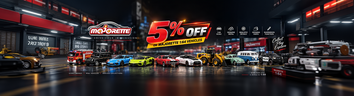 A promotional banner for Mayorette featuring a lineup of various race cars in a dark, wet racetrack environment, with a large '5% OFF' sale graphic in the center.