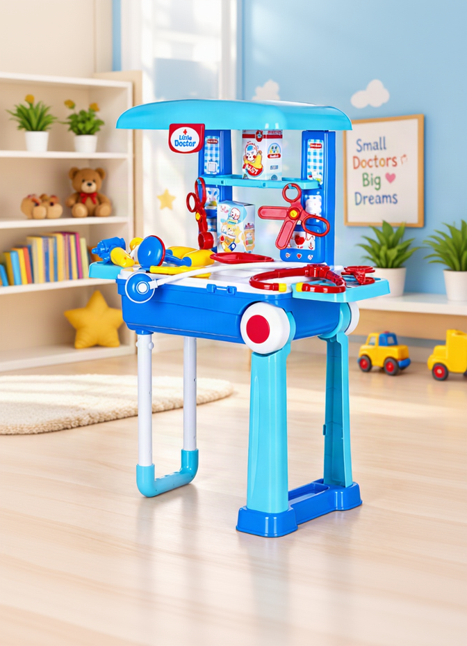 A children's toy doctor's workshop playset in bright blue and light blue, featuring a simulated clinic desk with red and yellow medical tools, set in a child's playroom.