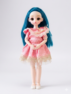 Manku Elegant Fashion Doll with Long Blue Hair and Detailed Pink Lace Dress