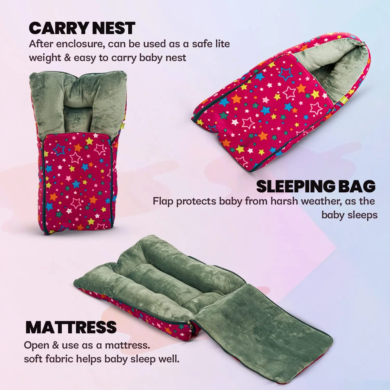3 in 1 Velvet Cotton Baby Bed Cum Carry Bed, Printed Baby Sleeping Bag-Baby Bed