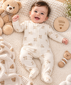 Teddy Bear Print Full Sleeve Baby Sleepsuit with Feet