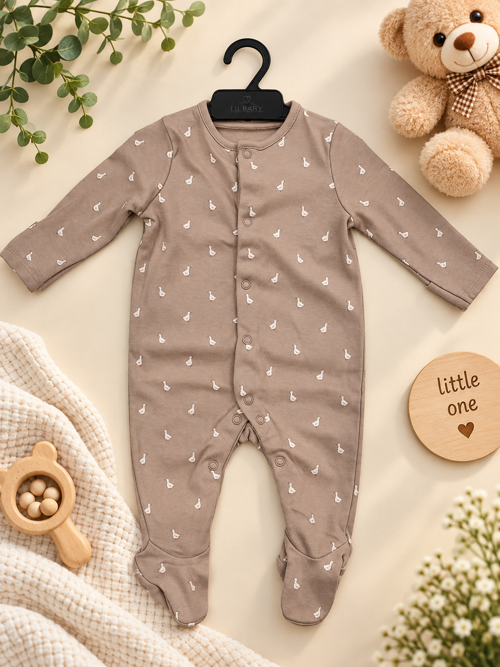 Tiny Duck Print Full Sleeve Baby Sleepsuit with Feet (new born)