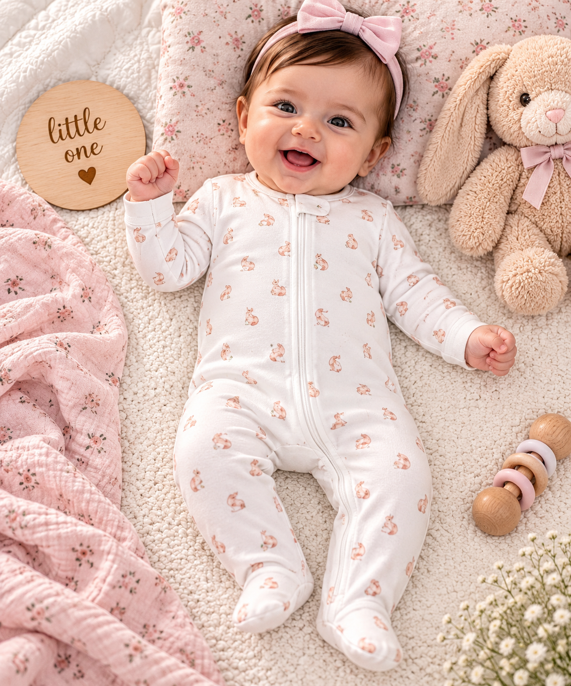 Bunny Print Full Sleeve Baby Sleepsuit with Feet