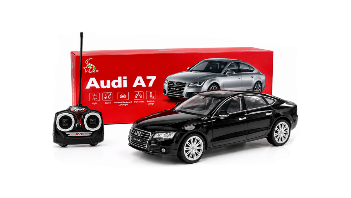 A black Audi A7 RC car model shown with its red remote control transmitter and the red retail box featuring an Audi A7 car graphic.
