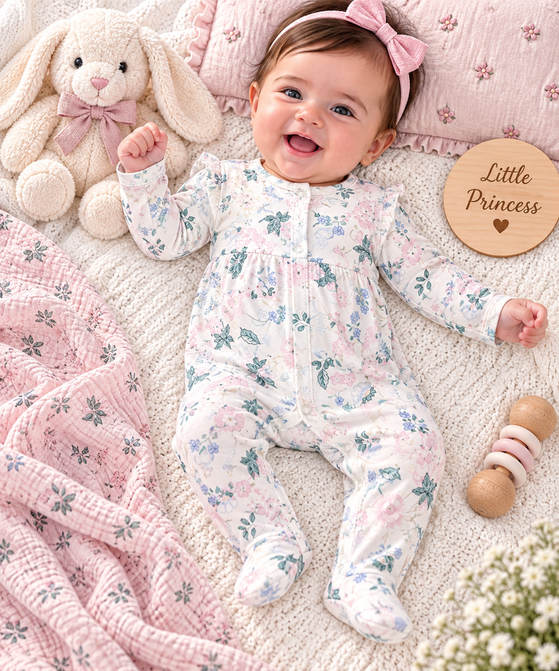 Floral Print Full Sleeve Baby Sleepsuit with Feet