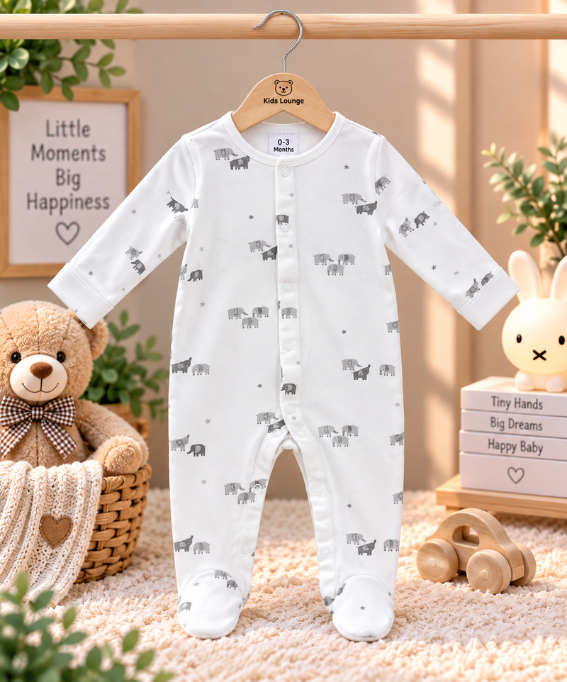 Elephant Print Full Sleeve Baby Sleepsuit with Feet